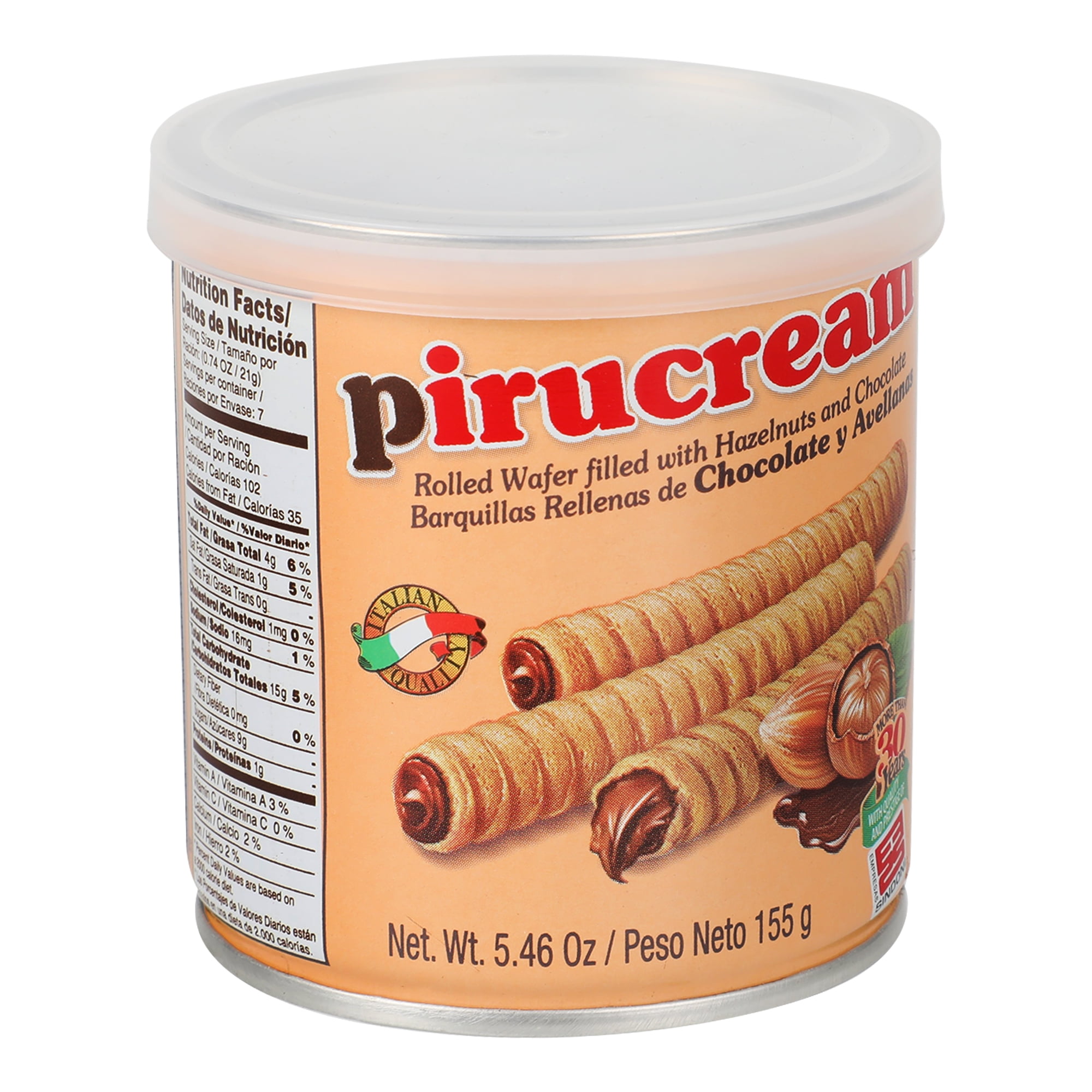Pirucream Rolled Wafer Filled with Chocolate and Hazelnuts, 30 Servings Per Container, 5.46 oz, Can