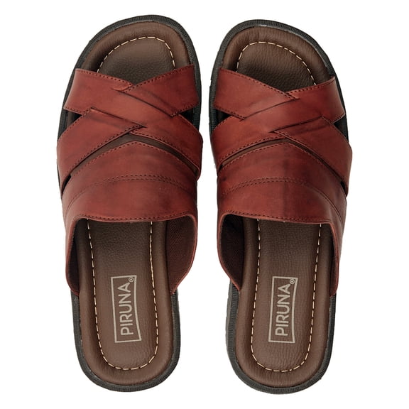 Piruna Men's Leather Cross Strap Slide Sandals with Textile Detail ...