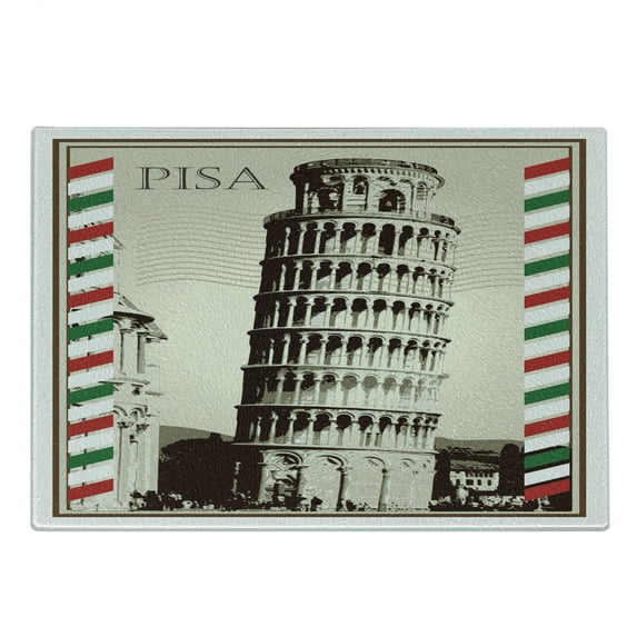 Pisa Cutting Board, Vintage Style Illustration of Italian Landmark with Lines in Country Flag Colors, Decorative Tempered Glass Cutting and Serving Board, in 3 Sizes, by Ambesonne