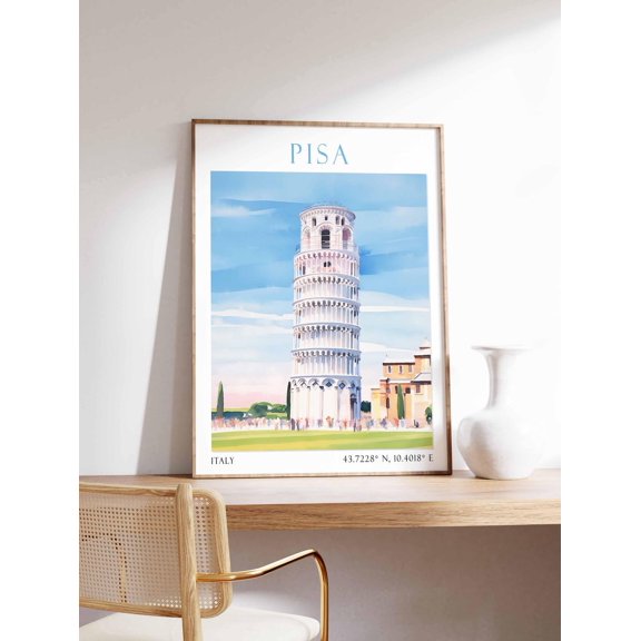 Pisa Italy Travel Poster With Leaning Tower And Tuscan City View