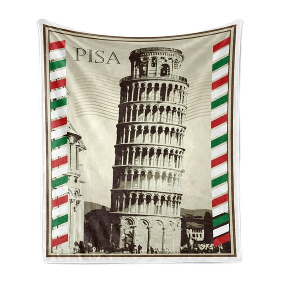 Pisa Soft Flannel Fleece Throw Blanket, Vintage Style Illustration of Italian Landmark with Lines in Country Flag Colors, Cozy Plush for Indoor and Outdoor Use, 50" x 60", Multicolor, by Ambesonne