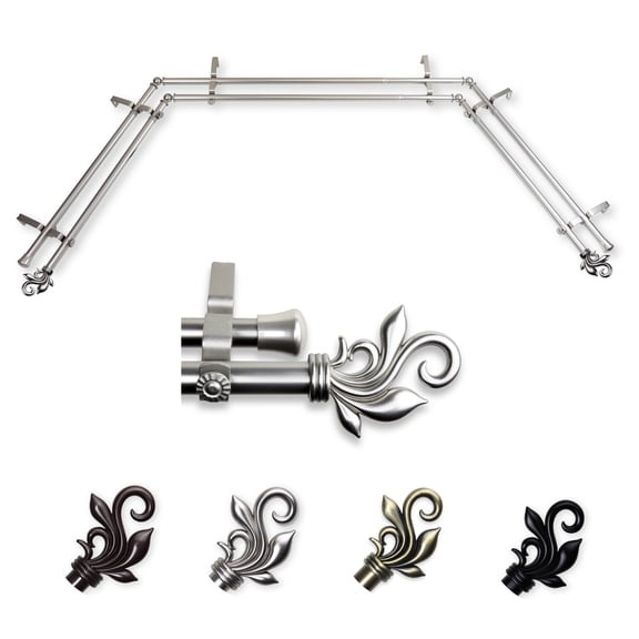 Pisces 13/16" Double Bay Window curtain rod Adjustable 20"-36", 38"-72" - Satin Nickel,(ABay-74-5D)