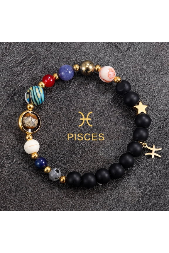 Pisces 8 Planets Solar System Zodiac Beaded Bracelet, Natural Stone & Black Glass Galaxy Birthday Gift for Women & Men