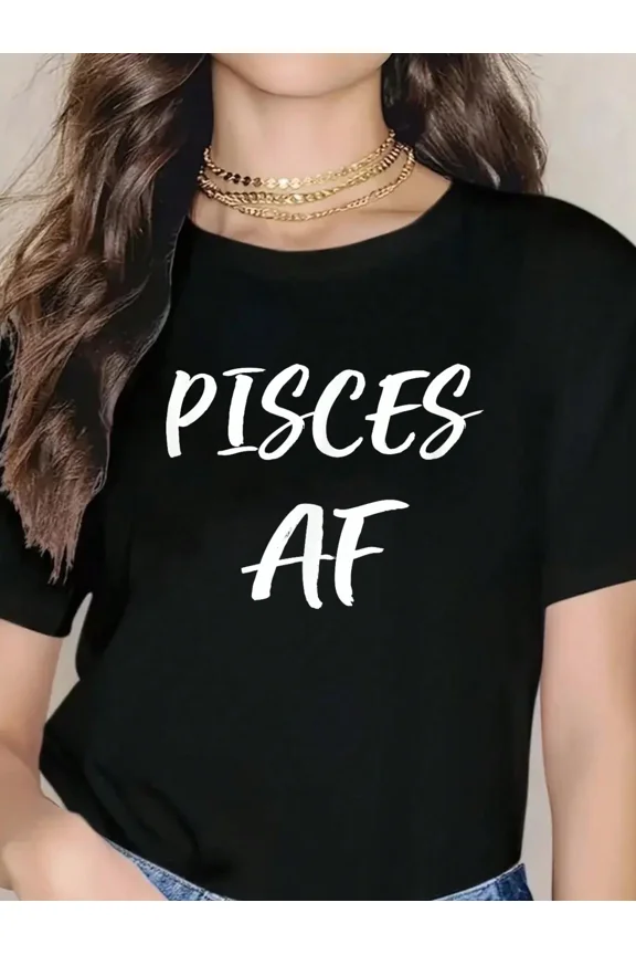 Pisces AF Zodiac Sign Graphic T-Shirt Women's Black Astrology Horoscope Short Sleeve Crewneck Tee Retro Trendy Casual Top