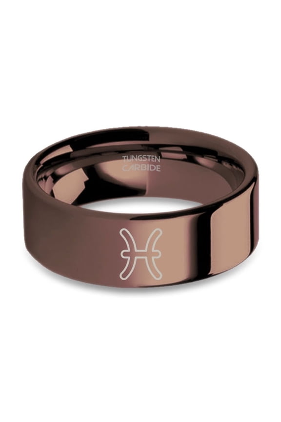 Pisces Astrological Symbol Fish Copper Brown Tungsten Wedding Band, 8mm, Size 7
