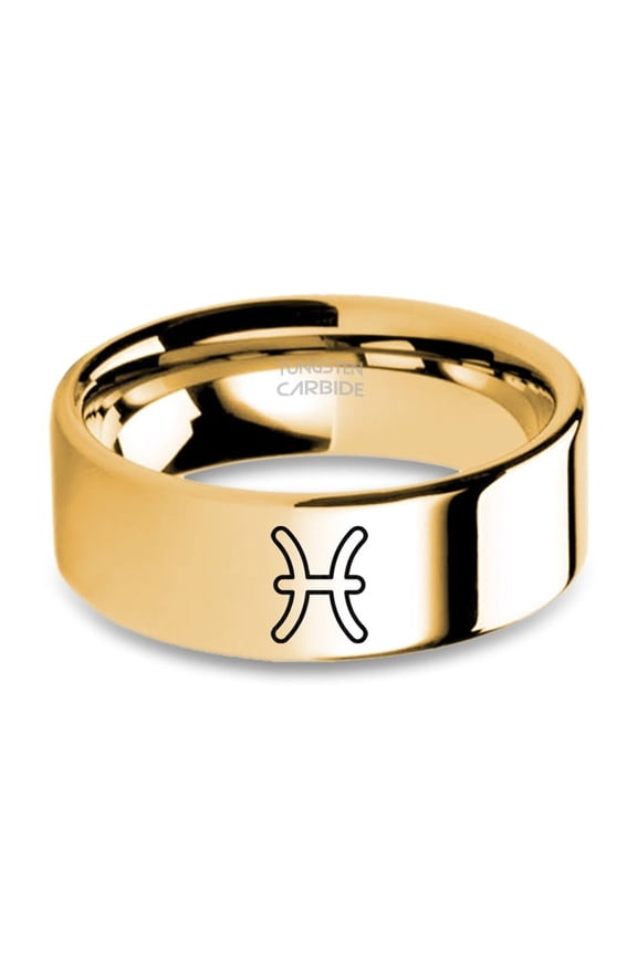 Pisces Astrological Symbol Fish Yellow Gold Tungsten Wedding Band, 8mm, Size 10