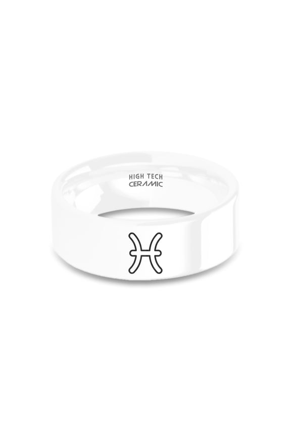 Pisces Astrology Symbol Fish Laser Engraved White Ceramic Ring, 8mm, Size 5