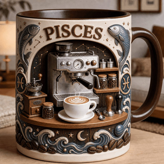 Pisces Coffee Lover Mug, Personalized Zodiac Coffee Cup Gift for Espresso Fans