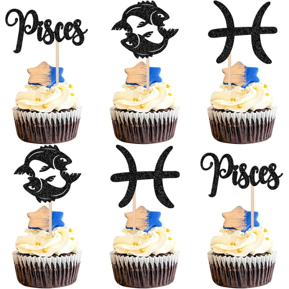 Pisces Cupcake Toppers - Black Glitter Zodiac Sign Cupcake Picks for Pisces Birthday Party Decorations, Pack of 12