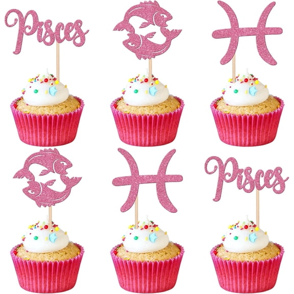 Pisces Cupcake Toppers - Pink Glitter Zodiac Sign Cupcake Picks for Pisces Birthday Party Decorations, Pack of 12