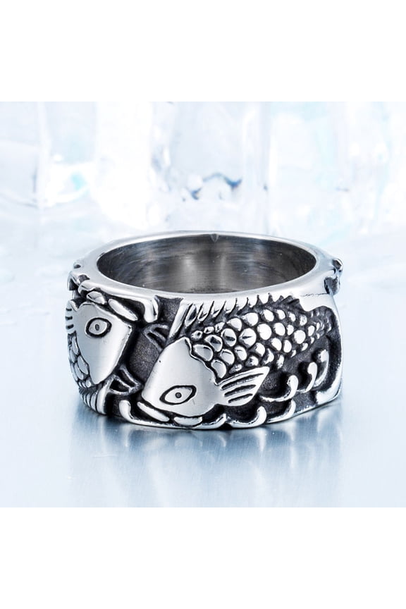 Pisces Embossed Ring Exquisite Stainless Steel Mens Zodiac Animal Ethnic Style Titanium Baking Varnish Type Us