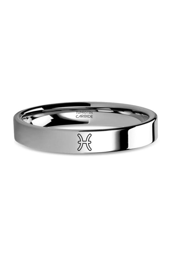 Pisces Fish Astrology Sign Engraved Silver Tungsten Carbide Ring, 4mm, Size 11