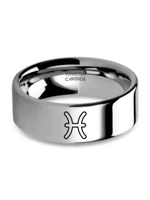 Pisces Fish Astrology Sign Engraved Silver Tungsten Carbide Ring, 8mm, Size 11