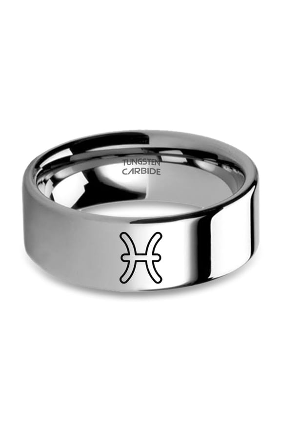 Pisces Fish Astrology Sign Engraved Silver Tungsten Carbide Ring, 8mm, Size 9