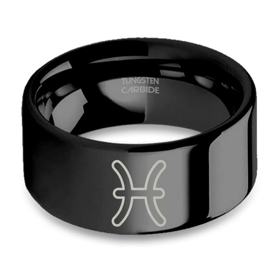 Pisces Fish Symbol Laser Engraved Black Tungsten Wedding Band, 10mm, Size 13