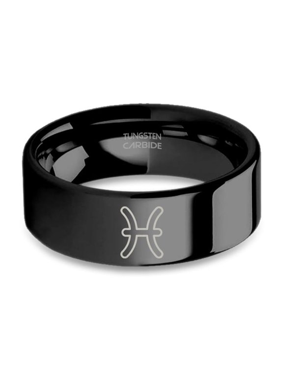 Pisces Fish Symbol Laser Engraved Black Tungsten Wedding Band, 8mm, Size 9