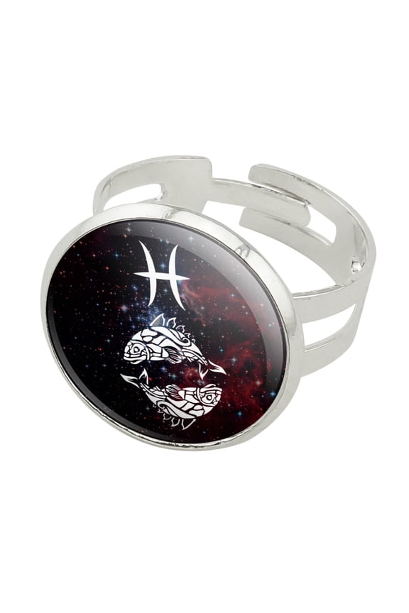 Pisces Fish Zodiac Sign Horoscope in Space Silver Plated Adjustable Novelty Ring