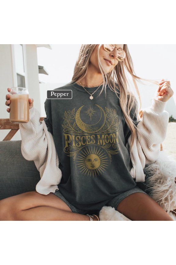 Pisces Moon Celestial Astrology Vintage Graphic Tee Zodiac Sign Sun And Crescent Moon Cosmic Mystic Starry Sky Shirt Comfort Colors Unisex Cotton T-Shirt, Sizes S-3XL
