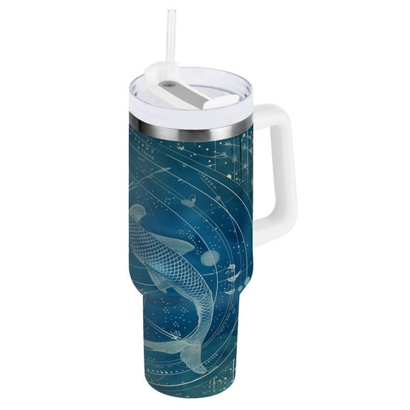 Pisces Of Zodiac Tumbler with Handle and Straw Lid 40 oz Insulated Vacuum Water Bottle Stainless Steel Travel Cup
