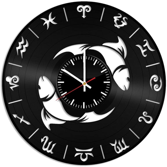 Pisces Sign Zodiac Sign Vinyl Wall Clock,Vinyl Record Clock Wall Art Unique Room Home Decorations Black Handmade Art Gift