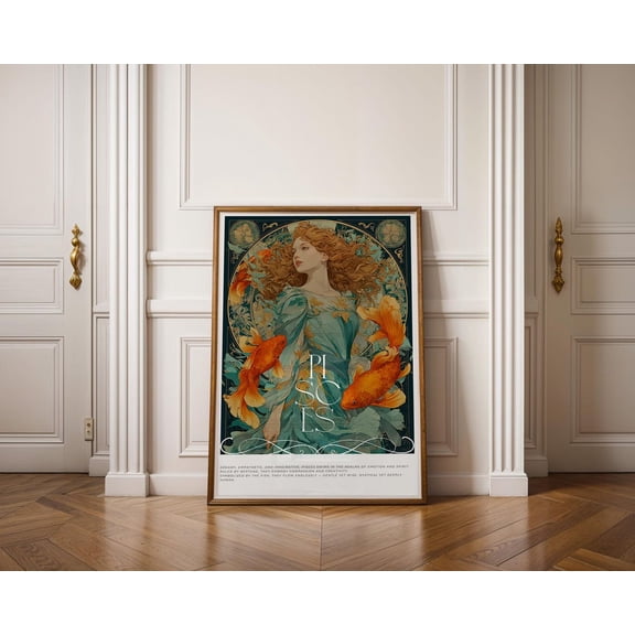 Pisces Wall Art, Zodiac Astrology Poster, Alphonse Mucha Style Illustration, 12x18 UNFRAMED