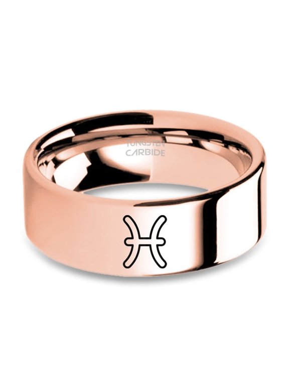 Pisces Water Fish Sign Engraved Rose Gold Tungsten Carbide Ring, 8mm, Size 10.5