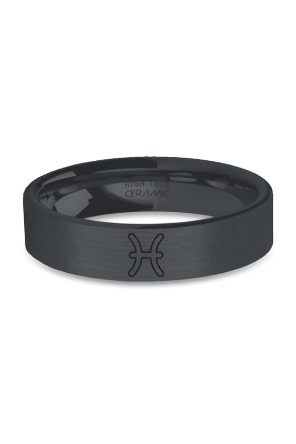 Pisces Water Symbol Engraved Black on Black Brushed Ceramic Ring, 6mm, Size 4.5