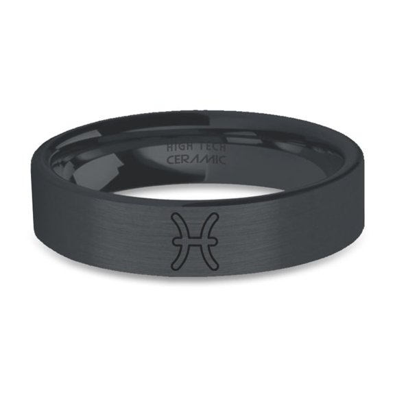Pisces Water Symbol Engraved Black on Black Brushed Ceramic Ring, 6mm, Size 8