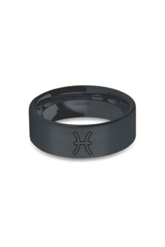 Pisces Water Symbol Engraved Black on Black Brushed Ceramic Ring, 8mm, Size 6