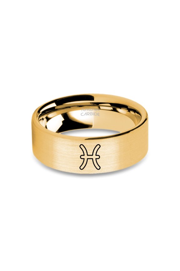 Pisces Water Symbol Engraved Brushed Yellow Gold Tungsten Ring, 8mm, Size 10