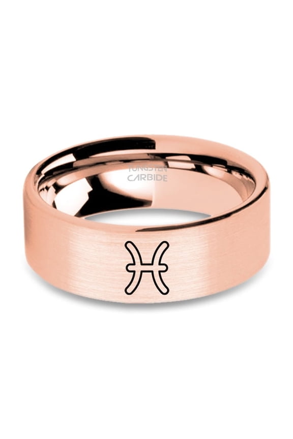 Pisces Water Symbol Fish Engraved Brushed Rose Gold Tungsten Ring, 8mm, Size 10