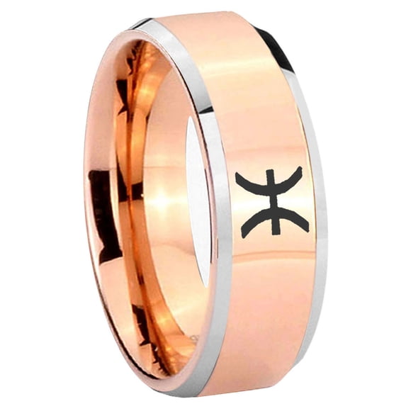 Pisces Zodiac Beveled Edge Rose Gold Tungsten Engraved Ring 10MM