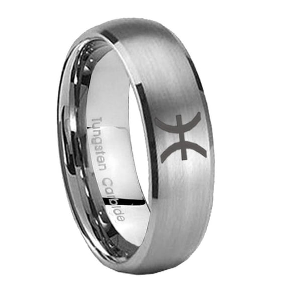 Pisces Zodiac Brushed Gray Dome Tungsten Men Ring 10MM