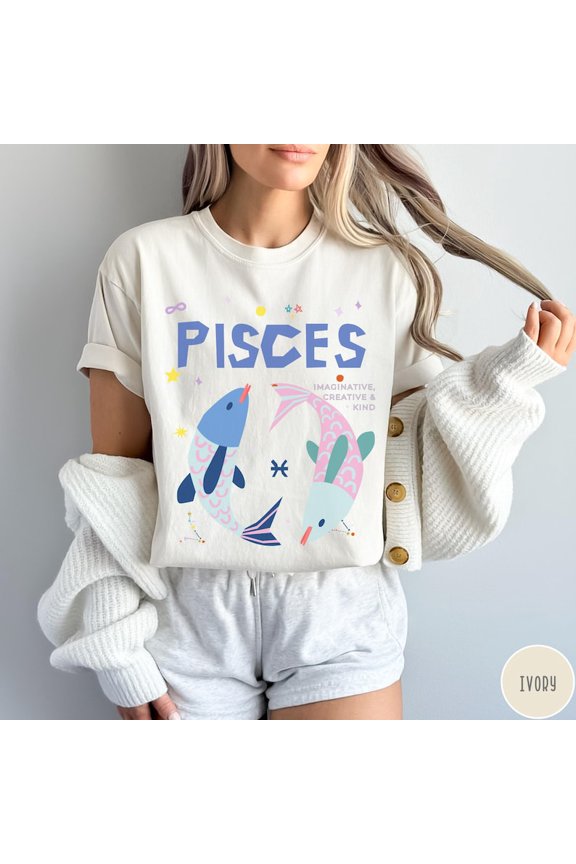 Pisces Zodiac Cartoon Fish Graphic Tee Imaginative Creative Kind Quote Astrology Design Star Constellation Pastel Aesthetic Comfort Colors Unisex Cotton T-Shirt, Sizes S-3XL