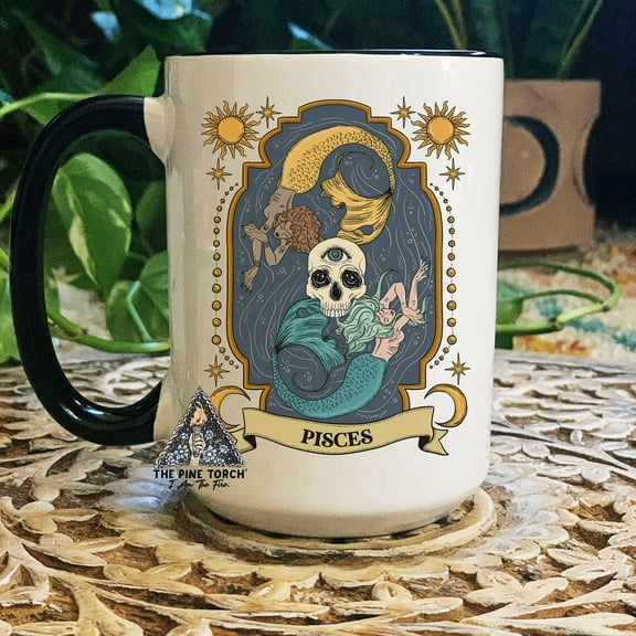Pisces Zodiac Ceramic Mug, Birthday for Zodiac Coffee Mug, Witchy Pisces Mug,Blue Handle Mug 11oz color