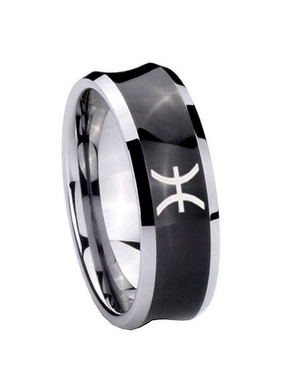 Pisces Zodiac Concave Black Tungsten Men Ring 10MM