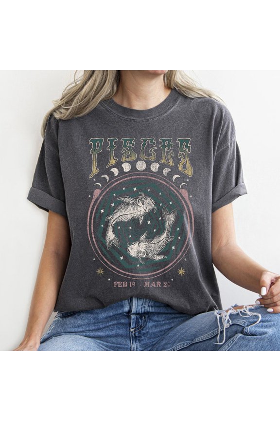 Pisces Zodiac Fish Astrology Vintage Celestial Horoscope Graphic Tee February March Star Sign Retro Cosmic Astrology Shirt Comfort Colors Unisex Cotton T-Shirt, Sizes S-3XL