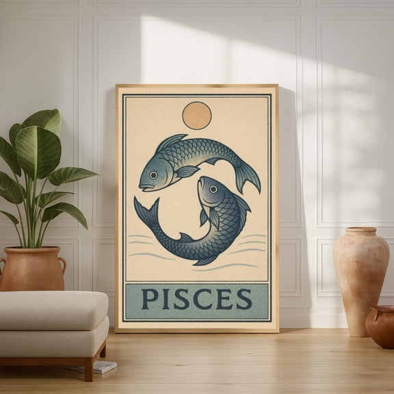 Pisces Zodiac Fish Vintage Moonlit Water Celestial Art Poster, Unframed Poster