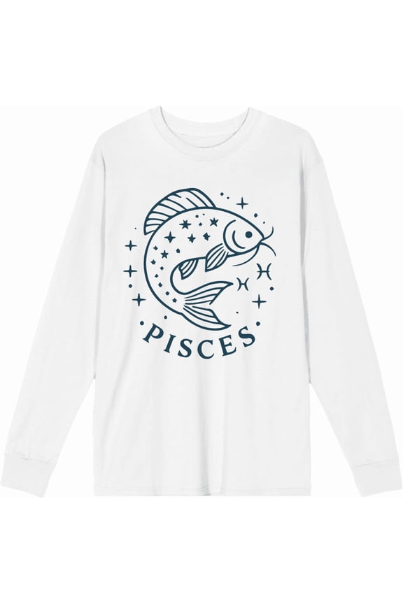 Pisces Zodiac Fish With Glitter Adult White Crew Neck Long Sleeve Tee-Large