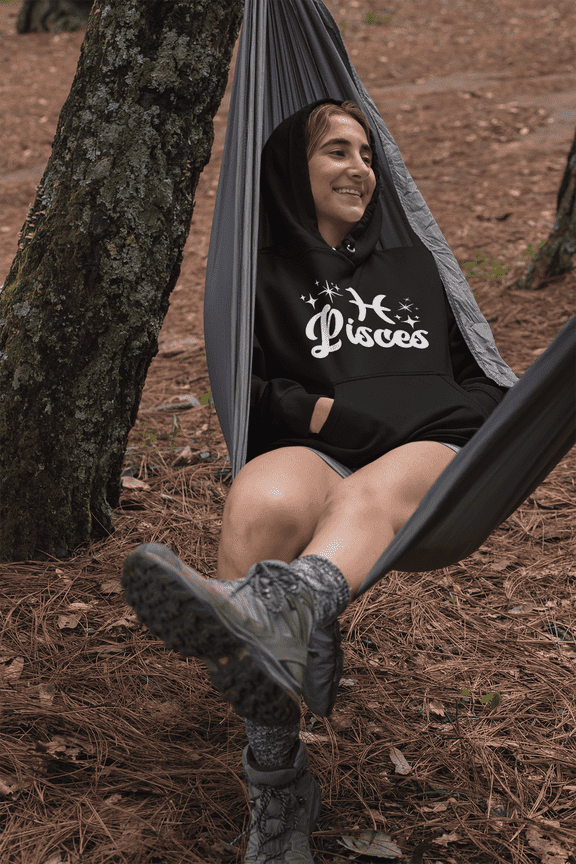 - Pisces Zodiac Hoodie, Astrology Symbol Design, Pullover Sweatshirt, Black, Medium