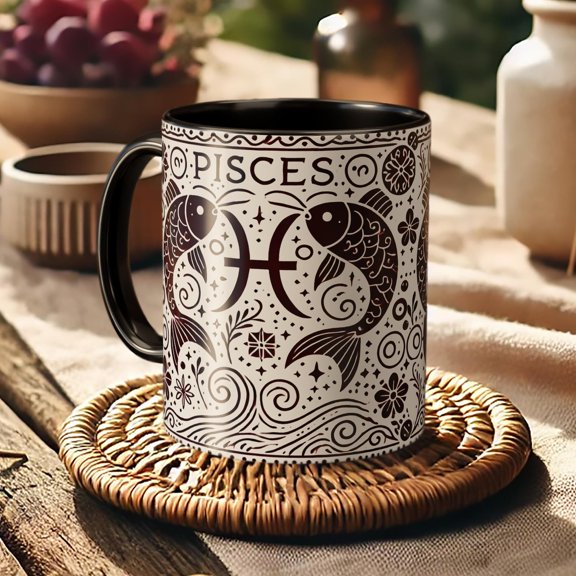 Pisces Zodiac Mug Astrology Coffee Cup, Boho Ocean Fish Design