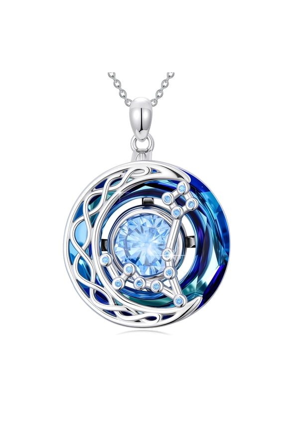 Pisces Zodiac Necklace 925 Sterling Silver Celtic Moon Pendant with Blue Crystal, Astrology Jewelry for Women, Birthday/Christmas Gift Idea, Adjustable 18"+2"