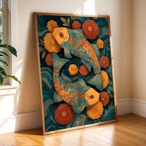 Pisces Zodiac Poster, Mexican Folk Floral Wall Art