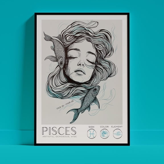 Pisces Zodiac Poster, Minimalist Line Art, Astrology Gift, Unframed Paper Poster 8x10in