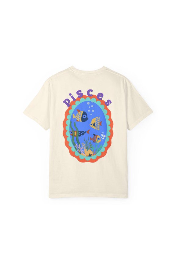 Pisces Zodiac Retro Graphic Tee Colorful Fish Celestial Astrology Sign Vintage Boho Aesthetic Back Print Shirt Comfort Colors Unisex Cotton T-Shirt, Sizes S-3XL