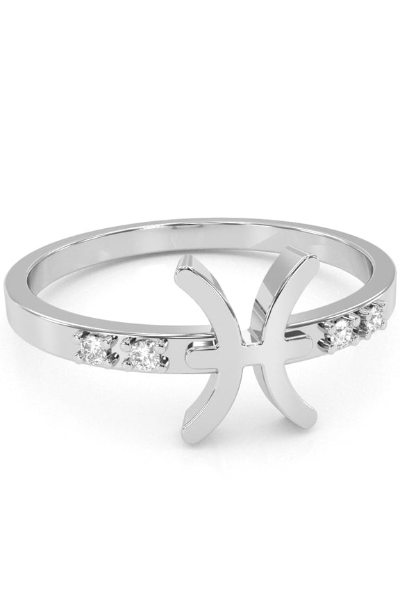 Pisces Zodiac Sign Diamond Ring In Solid 14k White Gold