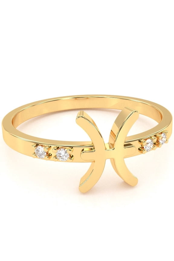 Pisces Zodiac Sign Diamond Ring In Solid 14k Yellow Gold