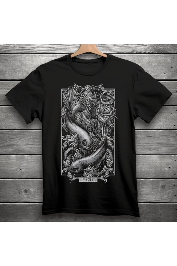 Pisces Zodiac Sign Goth Skull Unisex Black T-Shirt S-3XL