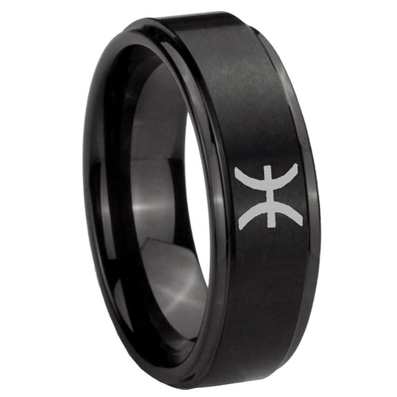 Pisces Zodiac Step Edge Brush Black Tungsten Men Ring 10MM