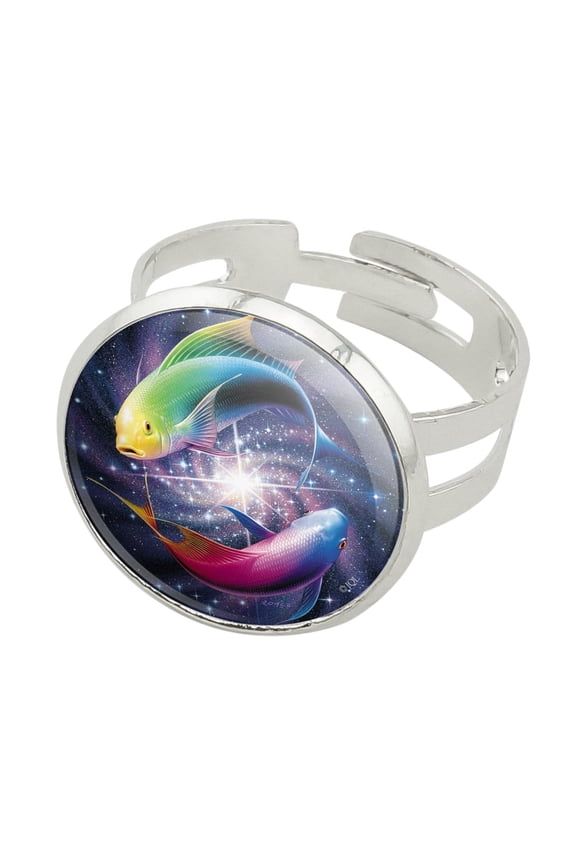 Pisces Zodiac Symbol Fish in Space Yin Yang Silver Plated Adjustable Novelty Ring